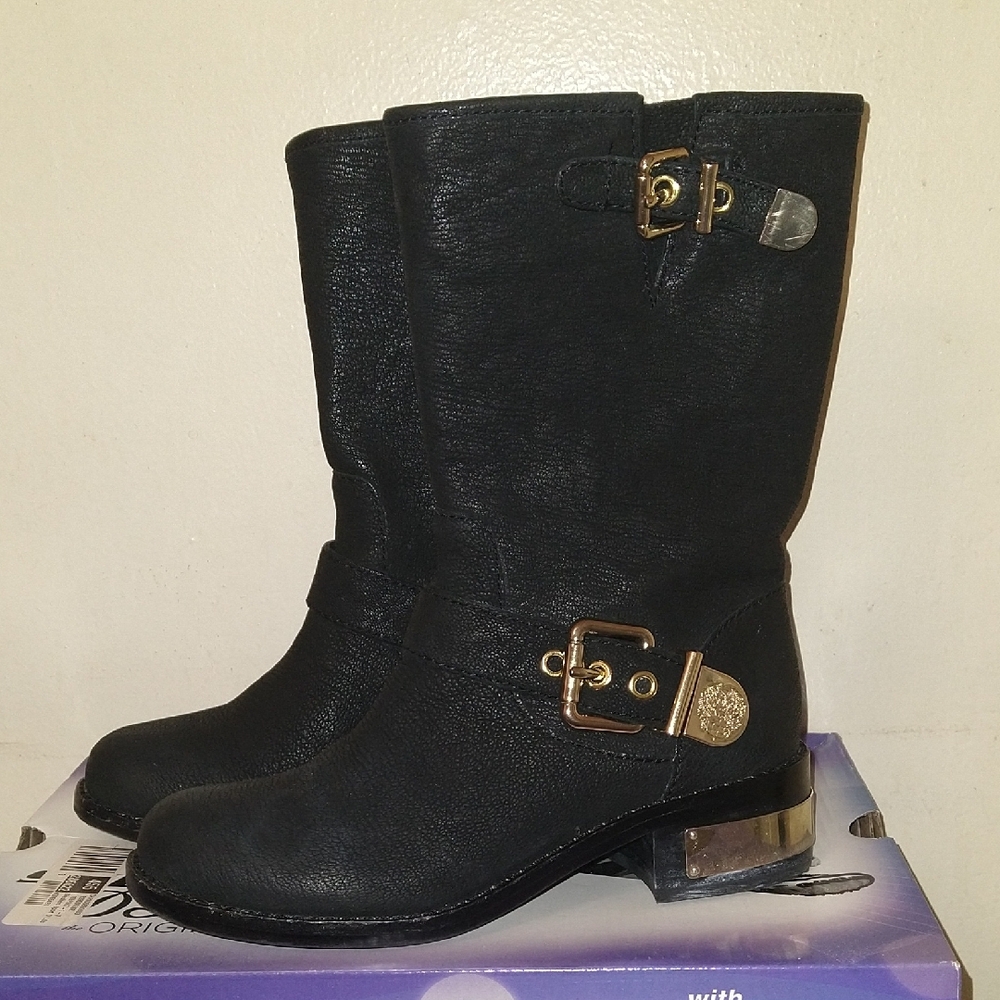 Vince Camuto Winchell Moto Mid Calf Black Leather Boots With Gold Tone Metal - Picture 1 of 6